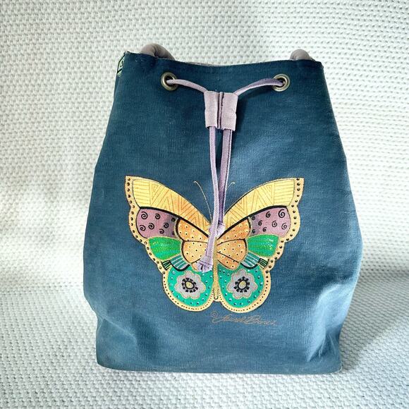 Laurel Burch Blue Denim Purple Drawstring Pull Handpainted Butterfly Backpack - Picture 1 of 13